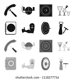 Menu, armor with tattoo, darts, corkscrew and opener.Pub set collection icons in black,monochrome style vector symbol stock illustration web.