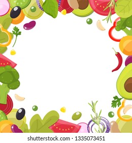 Menu background, border, frame design. Pieces of vegetables, sliced ingredients, spices and herbs for salad concept. Vector illustration.