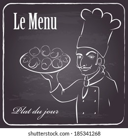 menu background for restaurant on chalkboard.french chef holding a platter with bourguignonne snail. Vector illustration 