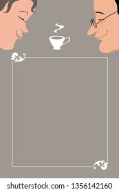 Menu background with two profiles, cup of coffee and a frame with copy space, EPS 8 vector illustration