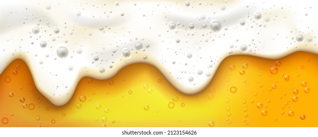 Menu banner or advertisement for pub or bar. Vector beer white foam with bubbles, splashes and drops with soft texture. Amber light alcoholic beverage, drinks and refreshments, craft brewery