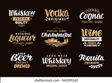 Menu bar, icons set. Labels of alcoholic drinks such as whiskey, vodka, wine, liqueur, champagne, beer, tequila, cognac. Symbols, vector illustration