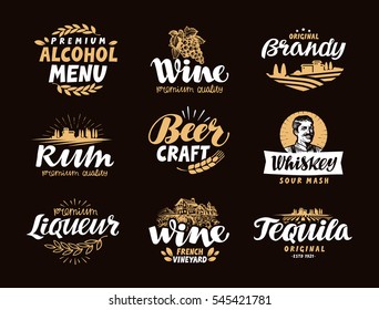 Menu bar, icons set. Labels of alcoholic drinks such as wine, brandy, rum, craft beer, whiskey, liqueur, tequila. Symbols, vector illustration