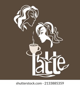 menu for a bar with women's faces and a cup of latte coffee