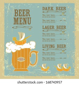 Menu with beer mug and ships on vintage background.