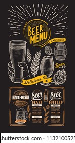 Menu for beer restaurant. Design template with hand-drawn graphic illustrations. Vector beverage flyer for bar.