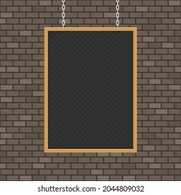 Menu Black Board. Chalkboard template menu for restaurant. Blackboard on chains, with place for your text. Wooden banner isolated on brick wall. Vector illustration. EPS 10. 
