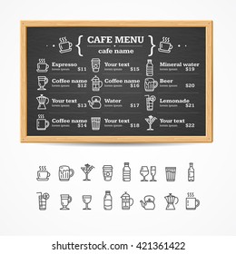 Menu Black Board with Drinks Icons Set. Vector illustration