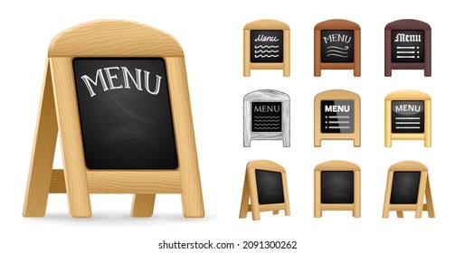 Menu blackboard signs. Set of vector icons. A-Frame chalkboard. Sidewalk sandwich board with a text 'Menu' and black empty space. Different designs svg