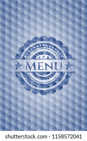 Menu blue badge with geometric pattern.