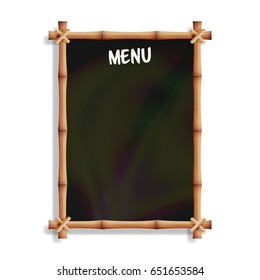 Menu Board With Bamboo Frame. Isolated On White Background. Realistic Black Chalkboard Hanging. Vector Illustration