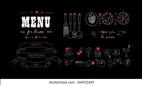 Menu Board, Hearts. Love Symbol Icons. Hand Drawn Vintage Vector Food Sketch Doodle Set.  Template Valentine's Day, Wedding, Anniversary. Design For Bar, Restaurant, Print, Banner, Web. Chalkboard