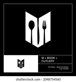 Menu book (Letter M, Book and cutlery) pictorial logo template. Negative space style.