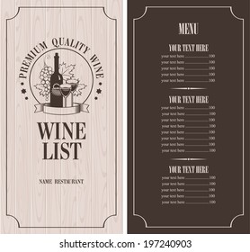 Menu with a bottle of wine, glasses and a bunch of grapes on the background of wooden boards