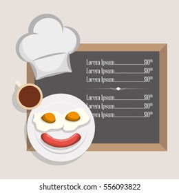 menu breakfast restaurant fried egg sausage and coffeee hat chef vector illustration eps 10