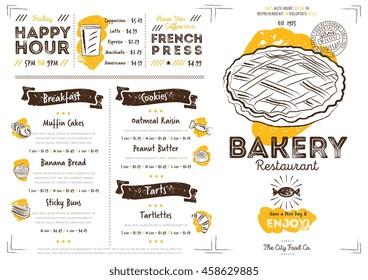 Menu brochure. Bakery restaurant or cafe price brochure sketch template vector illustration. Food booklet menu design. Dessert snack and drink branding catalog cover hand drawn layout 
