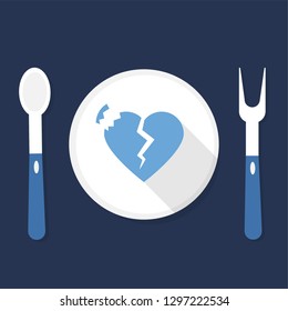 The menu of broken heart. Broken blue heart on the dish with spoon and fork. Concept of love. - vector illustration