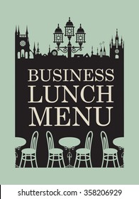 Menu for business lunch with the interior of the restaurant in the old town