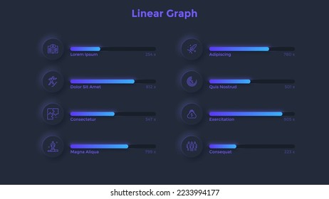 Menú o modelo de negocio con 8 barras de progreso horizontales. Concepto de indicadores de finalización de procesos. Plantilla de diseño infográfico de neón oscuro. Ilustración vectorial moderna para el análisis y visualización de datos.