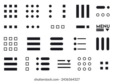 Menu button icon set symbol. Hamburger Menu Flat Icons. Menu Icons Vector Set of UI Design Elements. Hamburger or burger line app menu for home or drop list