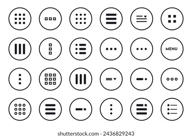 Menu button icon set symbol. Hamburger Menu Flat Icons. Menu Icons Vector Set of UI Design Elements. Hamburger or burger line app menu for home or drop list