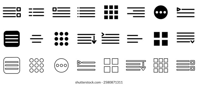 Menu button icon set symbol. Hamburger Menu Flat Icons. Menu Icons Vector Set of UI Design Elements. Hamburger or burger line app menu for home or drop list
