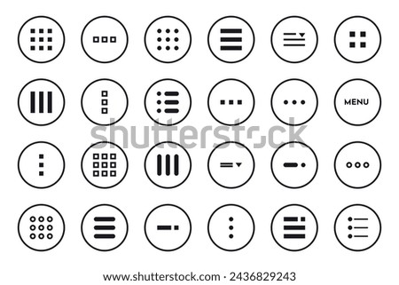 Menu button icon set symbol. Hamburger Menu Flat Icons. Menu Icons Vector Set of UI Design Elements. Hamburger or burger line app menu for home or drop list