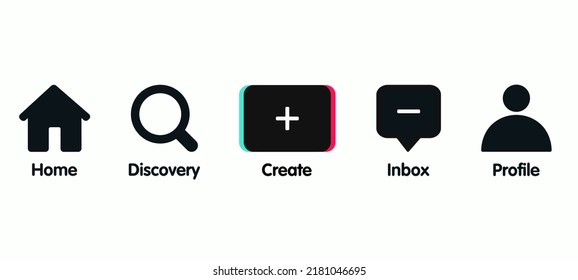 Menu button icon of social media. Home, discover, create, inbox, and profile. Vector