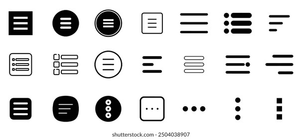 Menú Botón Iconos Pack Símbolo. Iconos planos del menú de la hamburguesa. Menú Iconos Vector Conjunto de Elementos de diseño UI. Menú de App de línea de hamburguesas o hamburguesas para el hogar o lista desplegable.