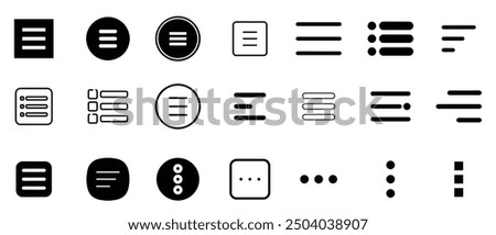 Menu Button Icons Pack Symbol. Hamburger Menu Flat Icons. Menu Icons Vector Set of UI Design Elements. Hamburger or Burger Line App Menu for Home or Drop List.