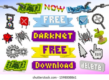 Menu buttons from dark net sites. Free choice options. Advertising stickers, download now. Pointing arrow and index finger hand. Fast time money and hooks. Search and delete bugs. Gears and apple core