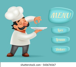 Menu Buttons Interface Chef Cook Serving Food 3d Realistic Cartoon Character Design Isolated Vector Illustrator