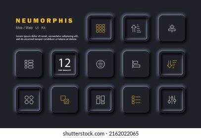 Menu buttons set icon. Tiles, buttons, columns, circles, squares, apps, arrows, sliders. Infographic concept. Neomorphism style. Vector line icon for Business and Advertising