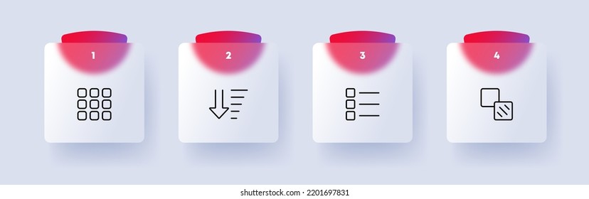 Menu buttons set icon. Tiles, circles, settings, website, alignment, square, application, sorting in ascending. descending order, app, adjust. Technology concept. Glassmorphism style. Vector line icon