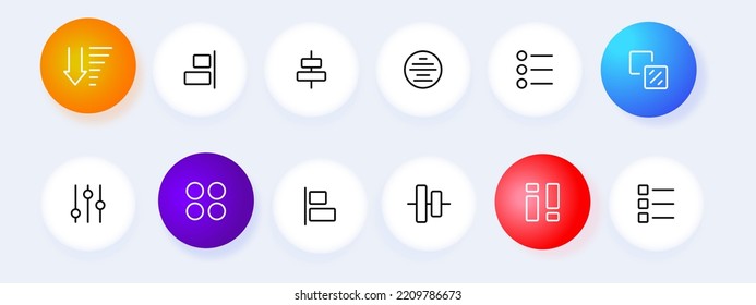 Menu buttons set icon. Tiles, squares, arrows, lists, application buttons, alignment, slider, slide, scrolling, sorting in ascending and descending order. Knob concept. Neomorphism