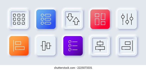 Menu buttons set icon. Tiles, slider, settings, centering, alignment, application, control panel, check list, app, align. Technology concept. Neomorphism style. Vector line icon for Business