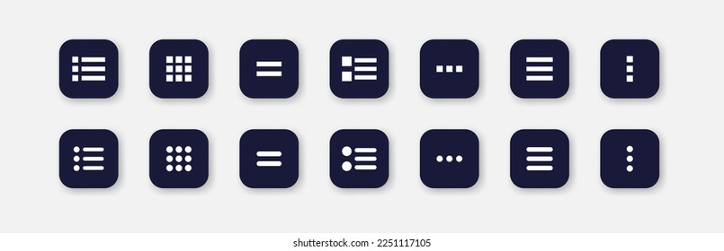 Menü-Schaltflächen festlegen Symbol. Tiles, Quadrate, Pfeile, Listen, Anwendungstasten, Ausrichtung, Schieberegler, Folie, Scrollen. Knob-Konzept. Neomorphismus-Stil. Vektorliniensymbol für Unternehmen