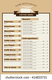 menu for the cafe with a cup of coffee with price list