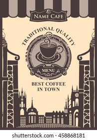menu for a cafe with a cup of coffee or tea on the background of houses in the old town