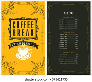 menu for a cafe with price list and a cup of coffee