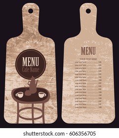 menu for the cafe with price list in the form of wooden cutting board with served table