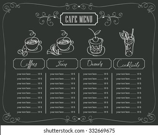 menu for cafe with prices for coffee and dessert