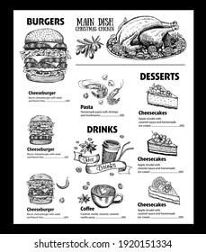 Menu cafe restaurant design template. Flyer with hand-drawn graphic.