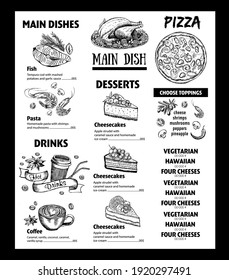 Menu cafe restaurant design template. Flyer with hand-drawn graphic.