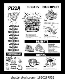 Menu cafe restaurant design template. Flyer with hand-drawn graphic.