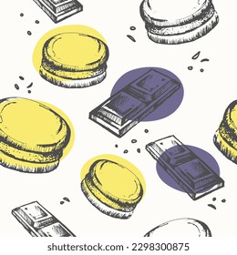 Menu of cafe or restaurant with desserts and sweets. Chocolate bars and cookies, macaroons and natural ingredients meal. Seamless pattern, wallpaper print or background. Vector in flat style