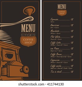 menu for a cafe shop with a picture coffee grinder and a price