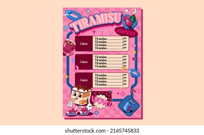 Menu for a cafe in the style of the 90s. Cartoon tiramisu with cup and cherry. On a pink background in vintage style.