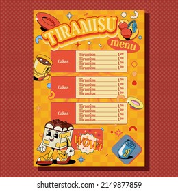 Menu for a cafe in the style of the 90s. Painted tiramisu with a bright background. With cherry, cola, cocoa stickers.