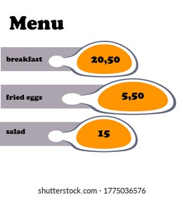 
Menú para la cafetería. Estilo. Desayuno, huevos revueltos, ensalada.